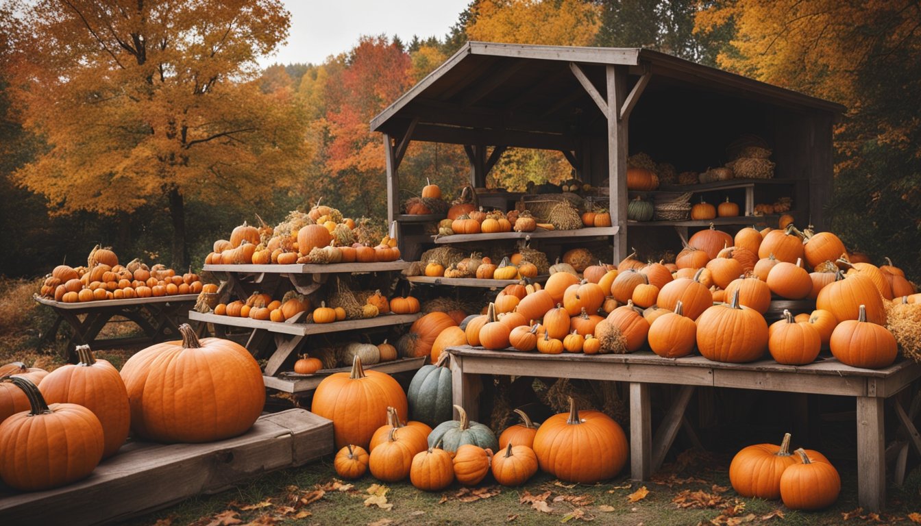 A rustic farm stand filled with pumpkins of all shapes and sizes, surrounded by colorful fall foliage