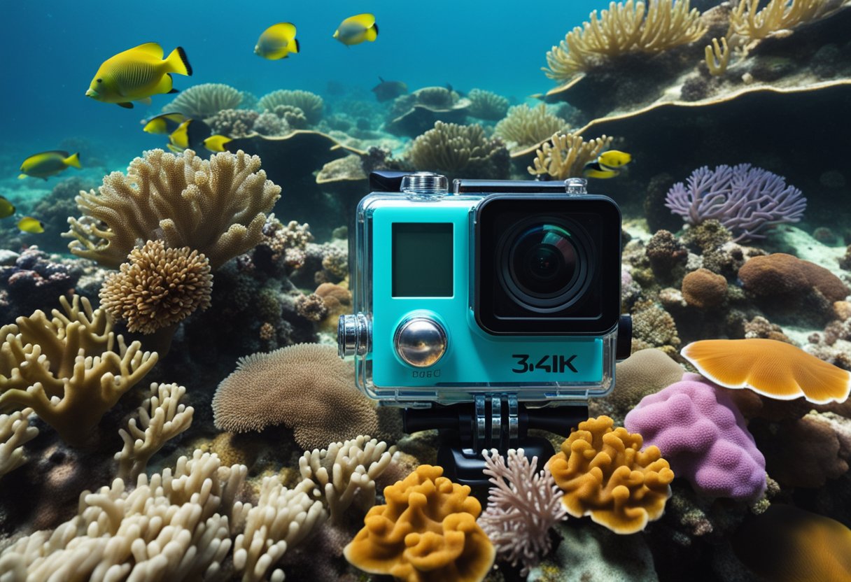 A sleek action camera submerged in crystal-clear water, capturing vibrant marine life and colorful coral reefs