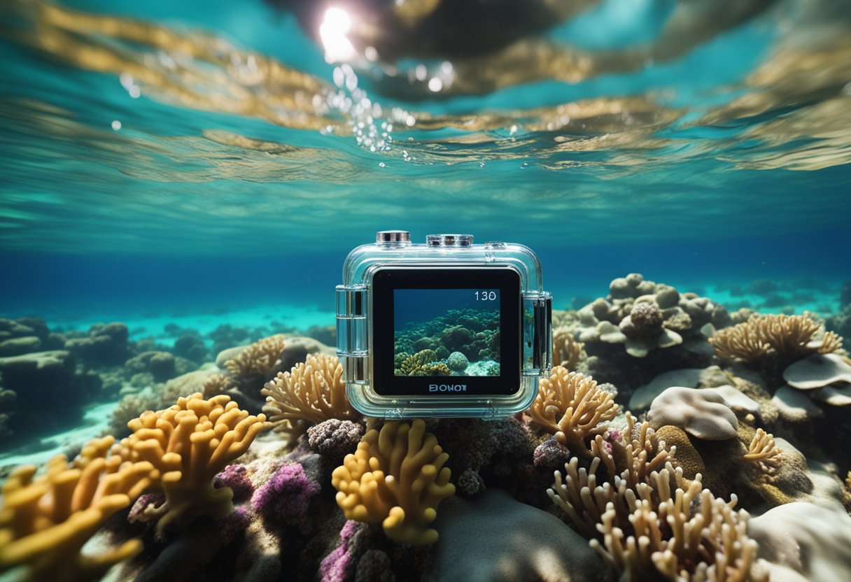 A sleek, waterproof action camera submerged in crystal-clear ocean water, capturing vibrant coral reefs and colorful marine life