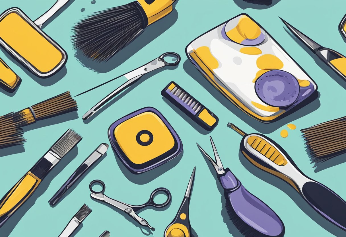 A table with various grooming tools: brushes, combs, scissors, and clippers. A cleaning solution, brush cleaner, and lubricating oil are nearby