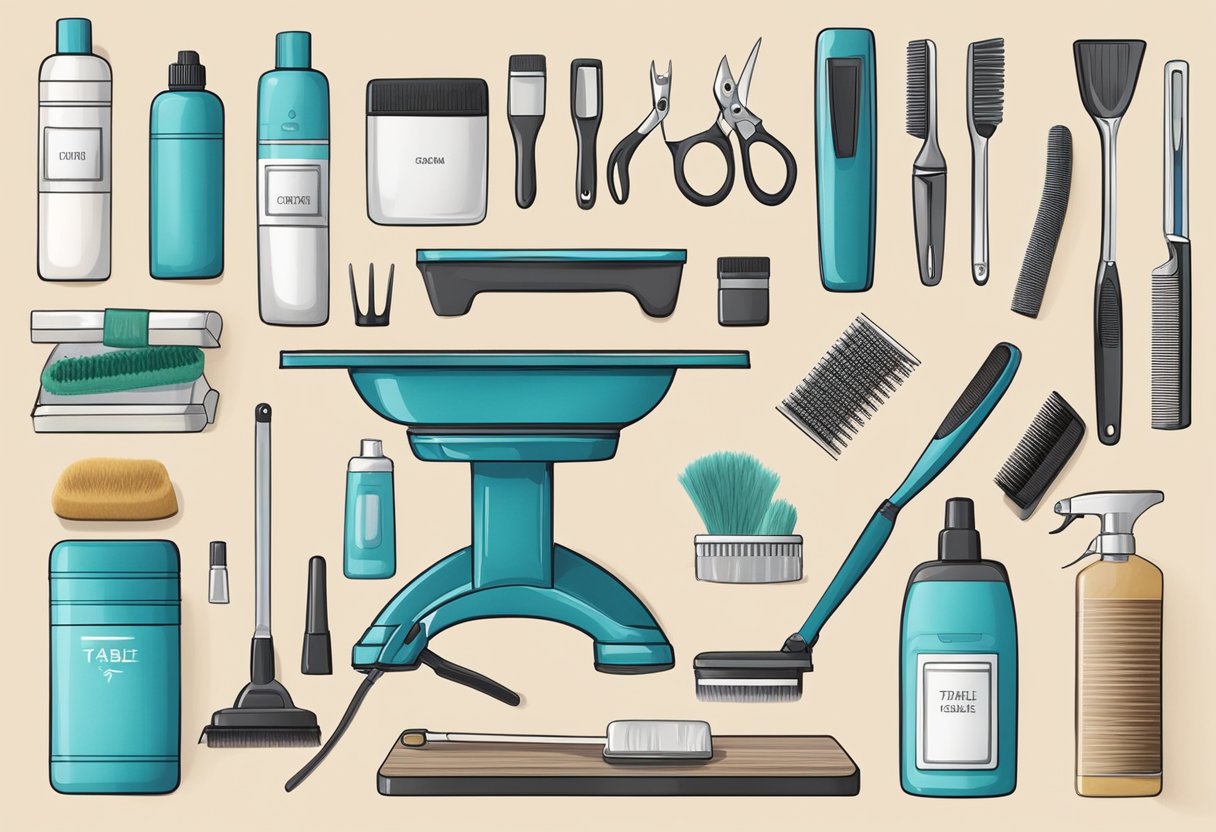 A table with various grooming tools laid out, surrounded by cleaning supplies and a step-by-step guide