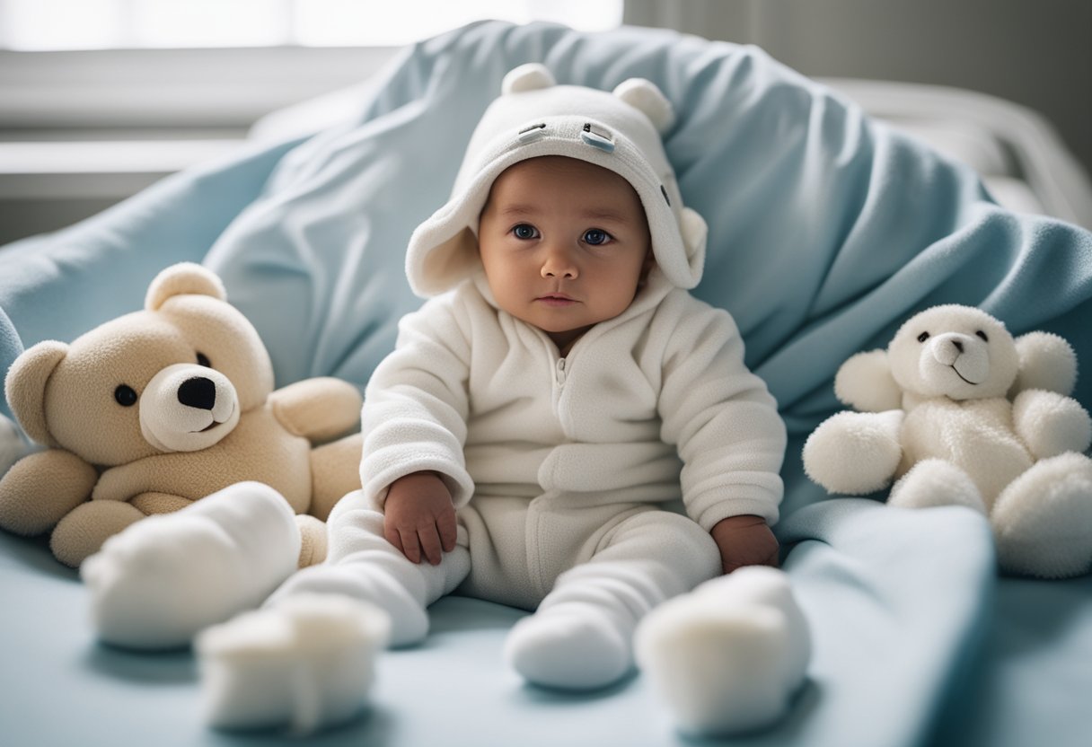 Um macacão aconchegante e macio com um chapéu combinando, dispostos em uma cama de hospital branca e impecável, cercados por pequenas fraldas e um cobertor de pelúcia.