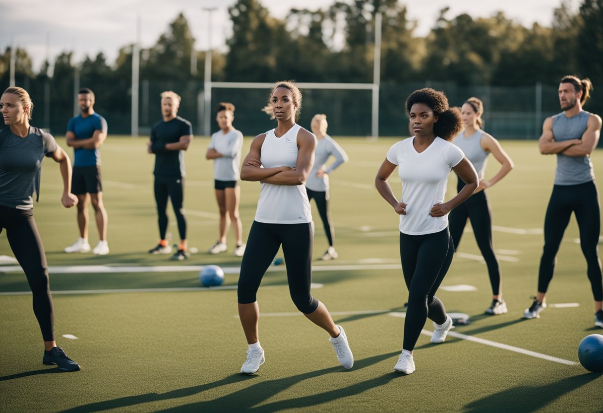 A group of amateur athletes engaging in warm-up exercises led by a coach on a sports field. They are performing stretches and agility drills to prevent injuries