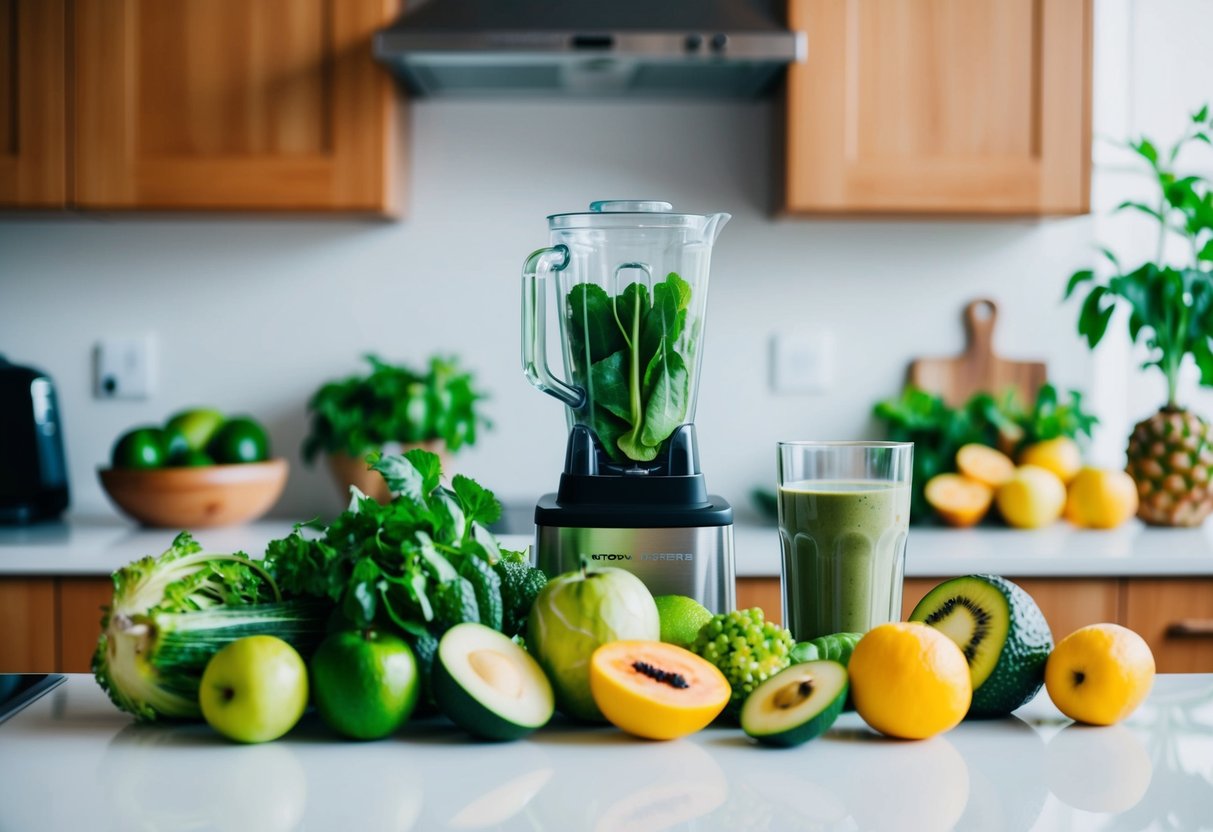 Fresh green vegetables and fruits arranged on a kitchen counter, with a blender and glass ready for making smoothies