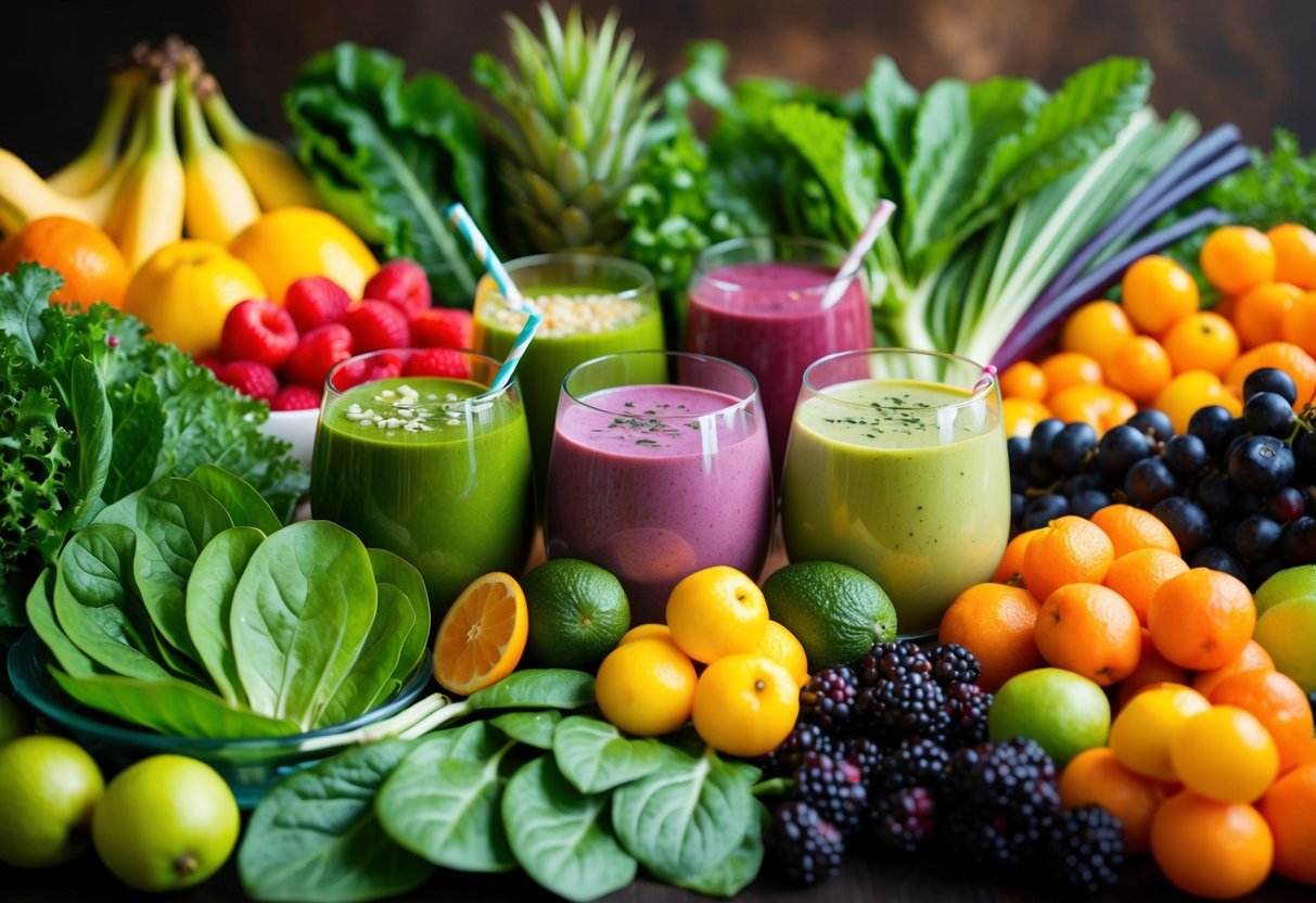 A colorful array of leafy greens and vibrant fruits, arranged in a harmonious display, evoking the journey into the world of nutritious smoothies