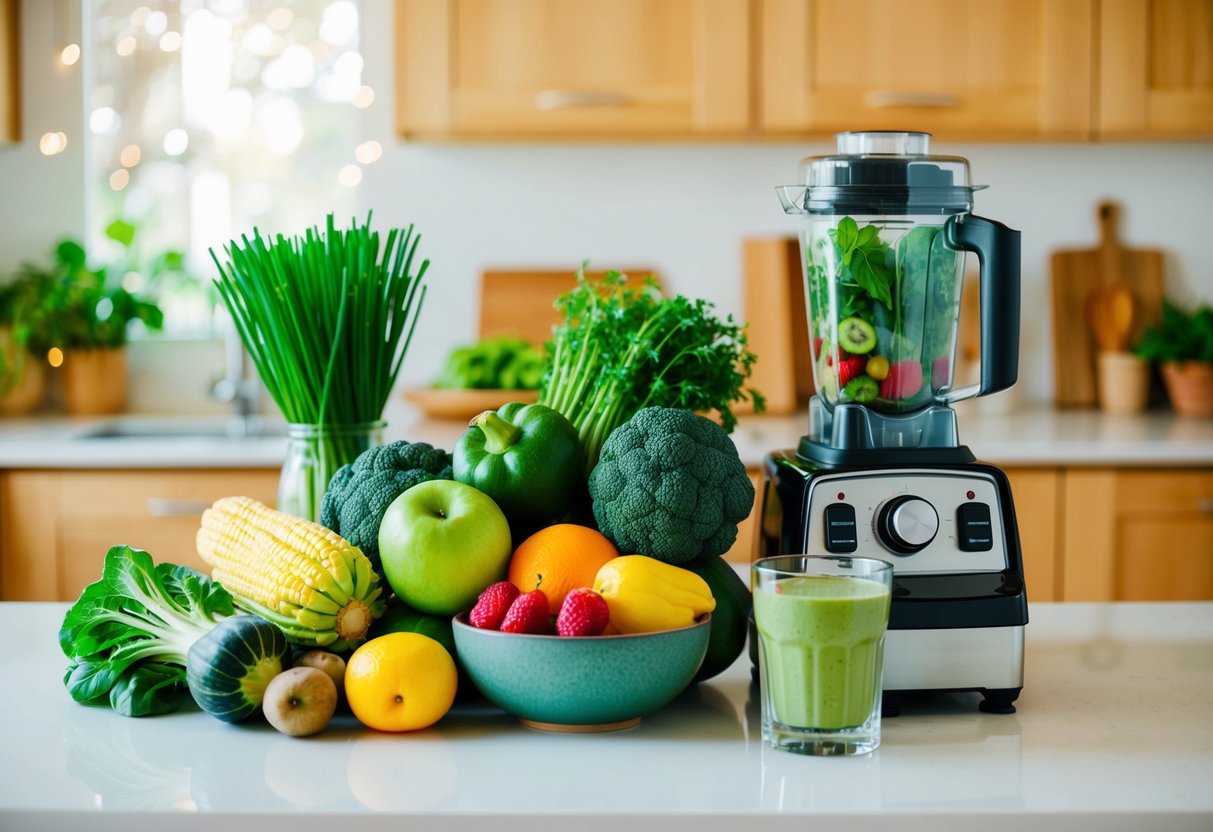 Fresh green vegetables and fruits arranged on a kitchen counter, with a blender and a glass of smoothie next to them