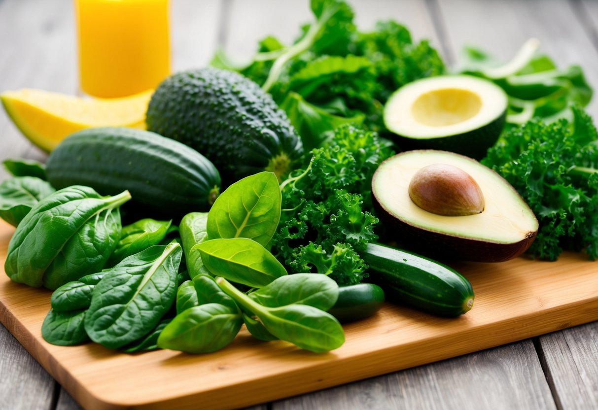 A colorful array of fresh green fruits and vegetables, such as spinach, kale, cucumber, and avocado, arranged on a wooden cutting board