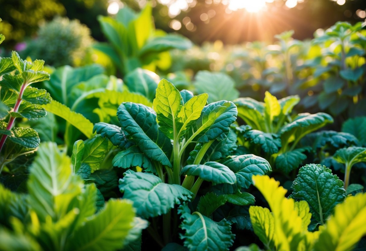 A lush garden bursting with vibrant shades of spinach, kale, and mint. The sun filters through the leaves, casting a verdant glow