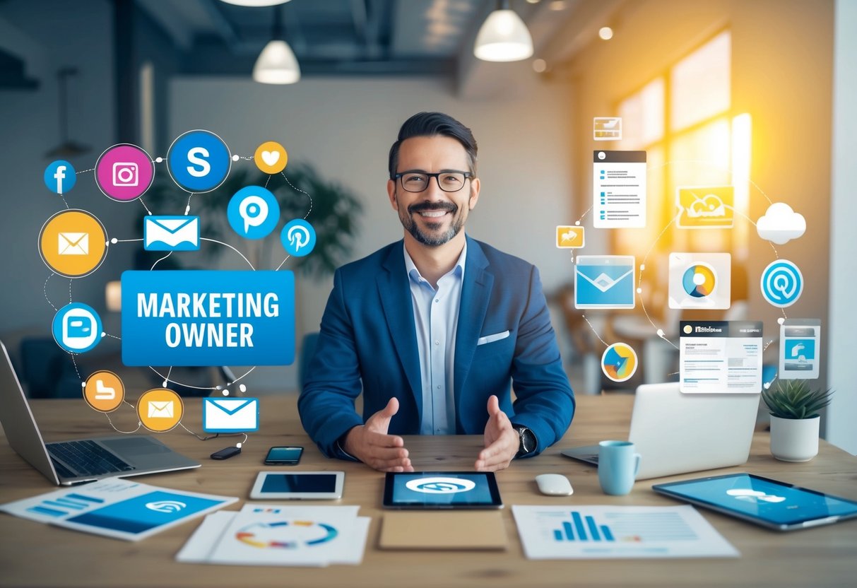 A small business owner surrounded by various digital and traditional marketing tools, such as social media icons, email newsletters, blog posts, and printed materials