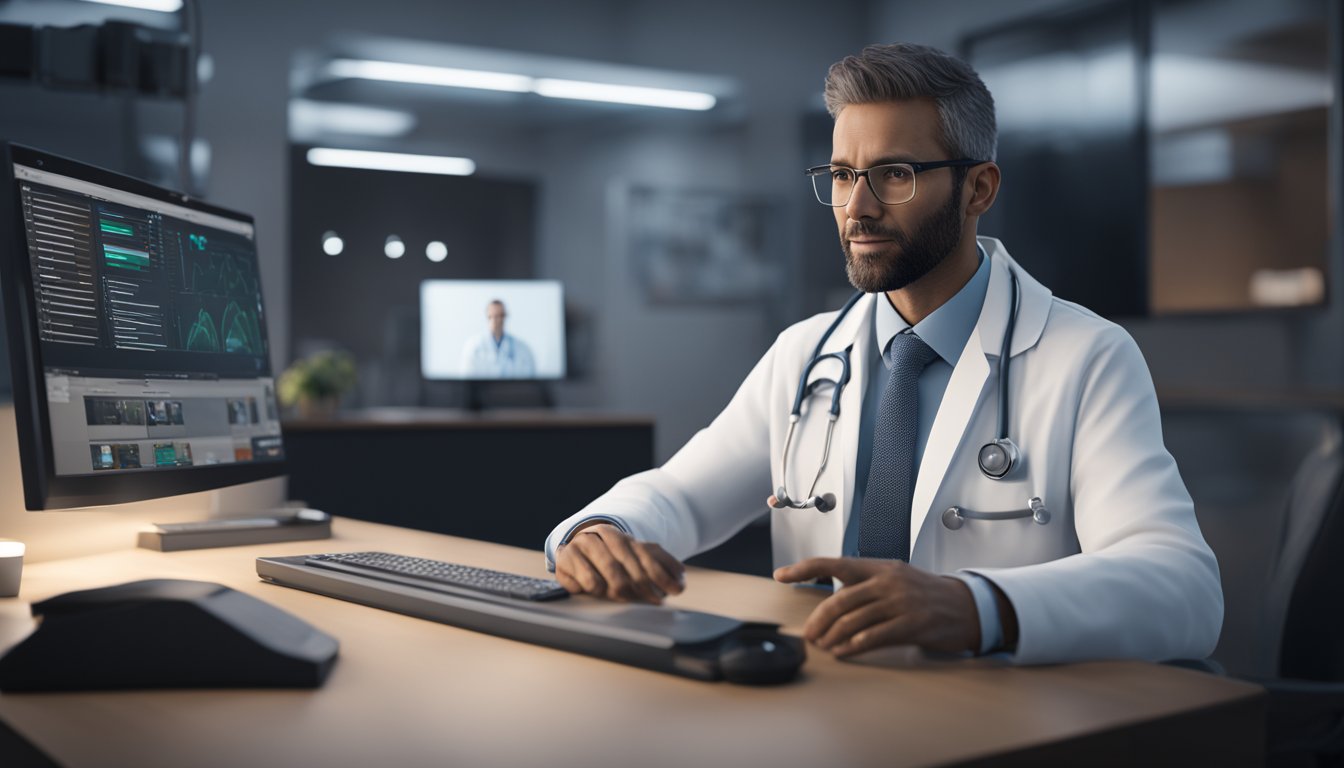 A doctor video-calling a patient on a computer, with a digital medical record displayed on the screen