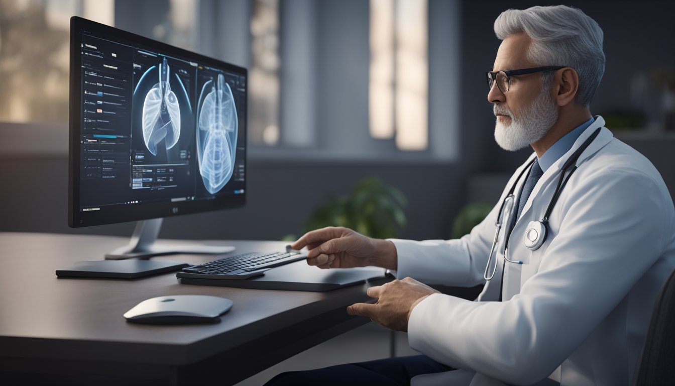 A doctor conducting a virtual consultation with a patient while seamlessly accessing their electronic health record on a computer screen