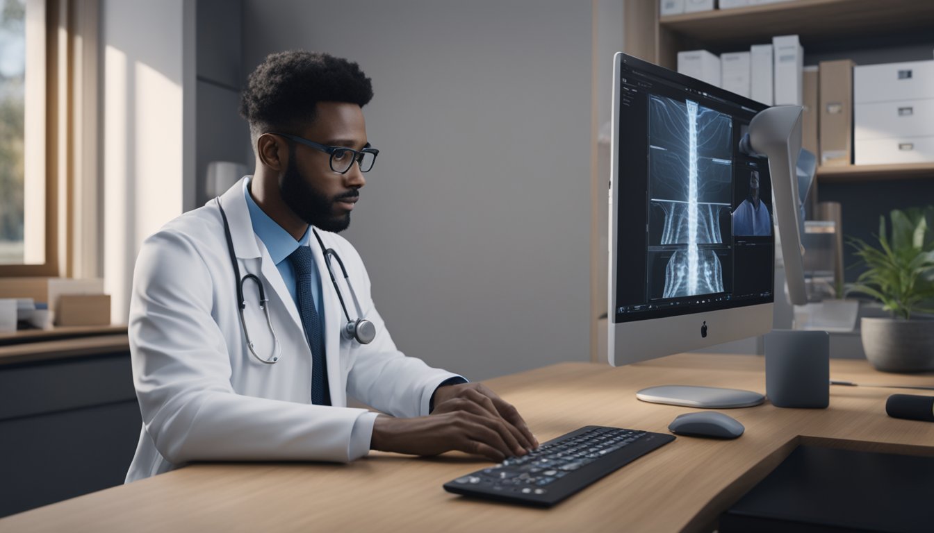 A doctor using telemedicine equipment while seamlessly accessing and updating patient records on a computer