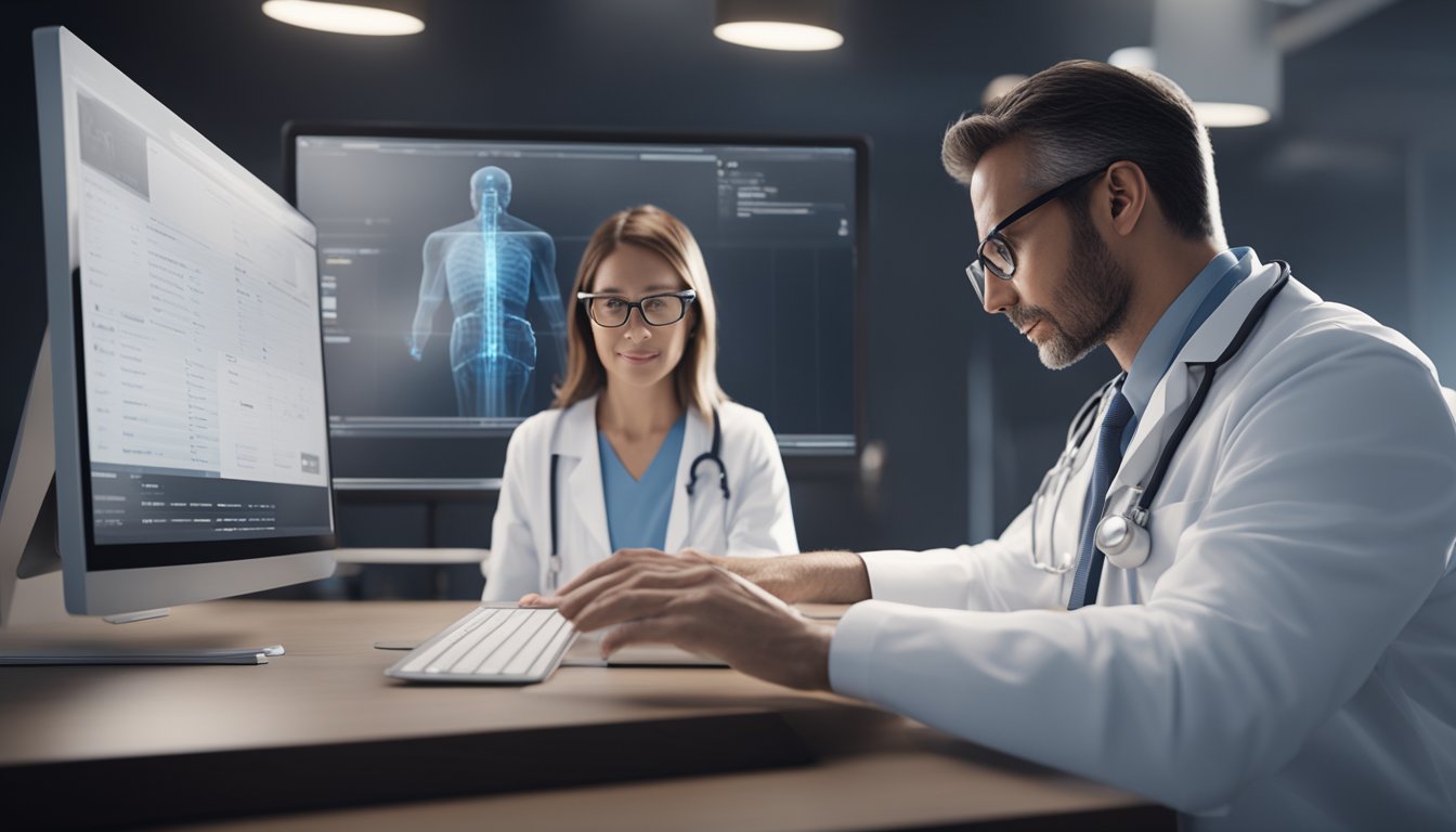 A doctor using a computer to access electronic health records while video conferencing with a patient on a tablet