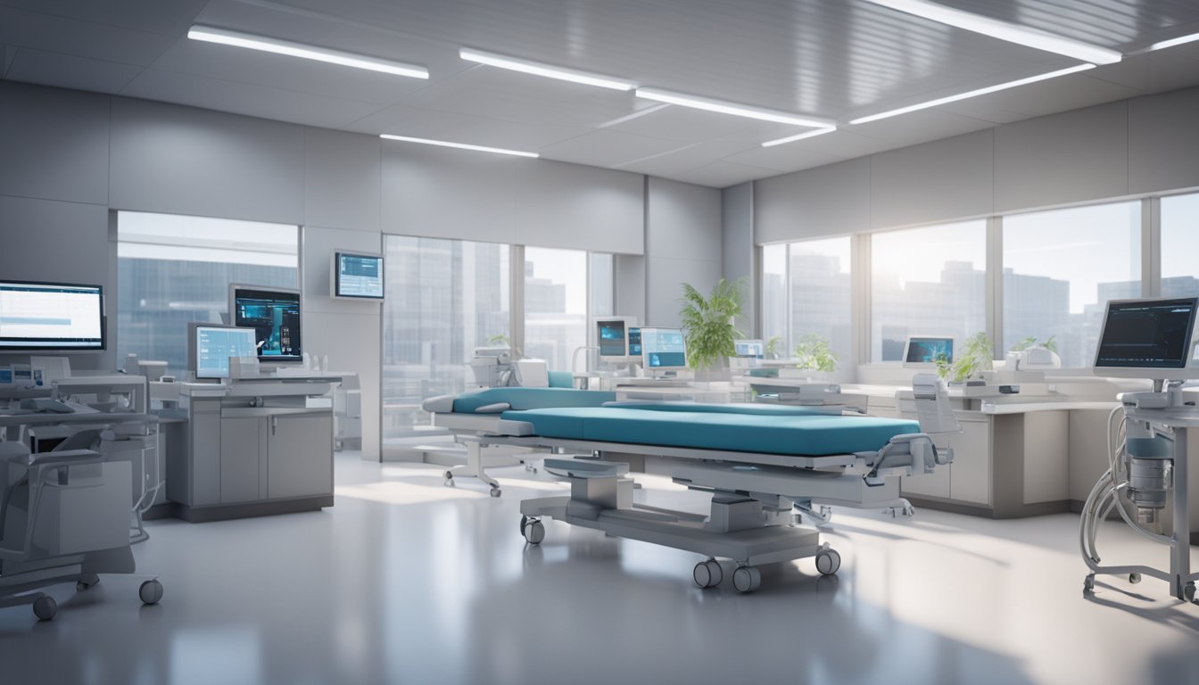 A modern medical facility with interconnected technology: telehealth equipment, electronic health record systems, and seamless data integration