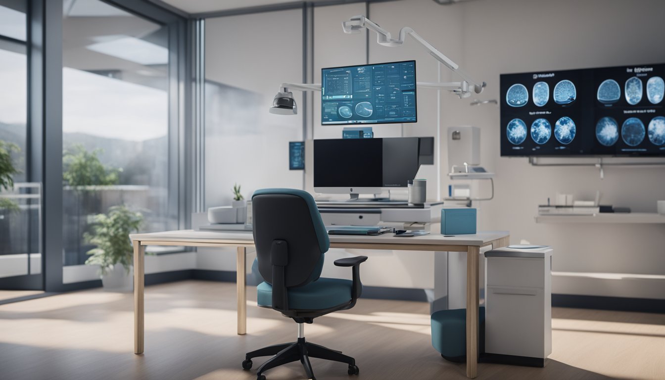 A doctor's office with a computer screen displaying telemedicine software, while a separate screen shows electronic health records being integrated