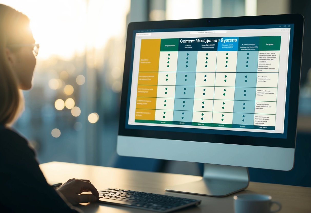 A computer screen displaying five leading content management systems compared in a side-by-side chart with detailed information and ratings