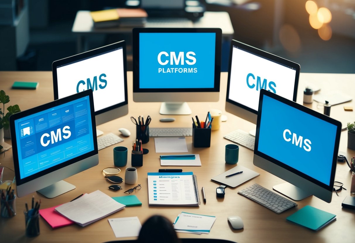 A desk with five computer screens displaying different CMS platforms, surrounded by various office supplies and a notepad with comparison notes