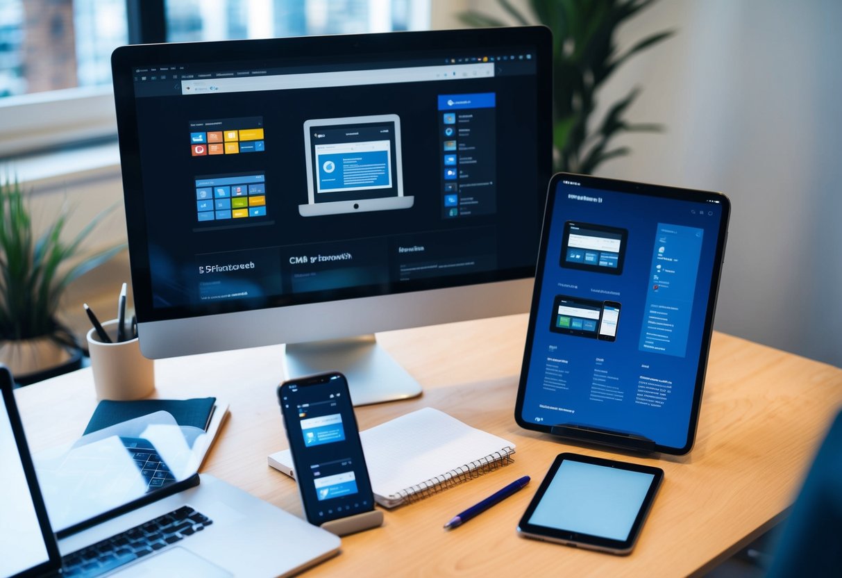 A desk with a computer, tablet, and smartphone surrounded by open web browsers displaying different CMS platforms. A notepad and pen sit nearby