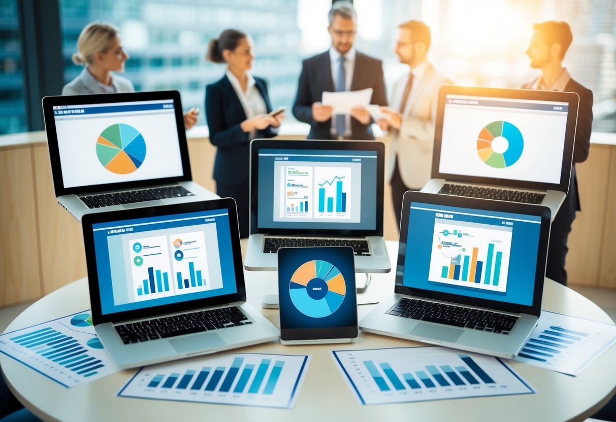 A table with five electronic devices displaying different content management systems, surrounded by charts and graphs