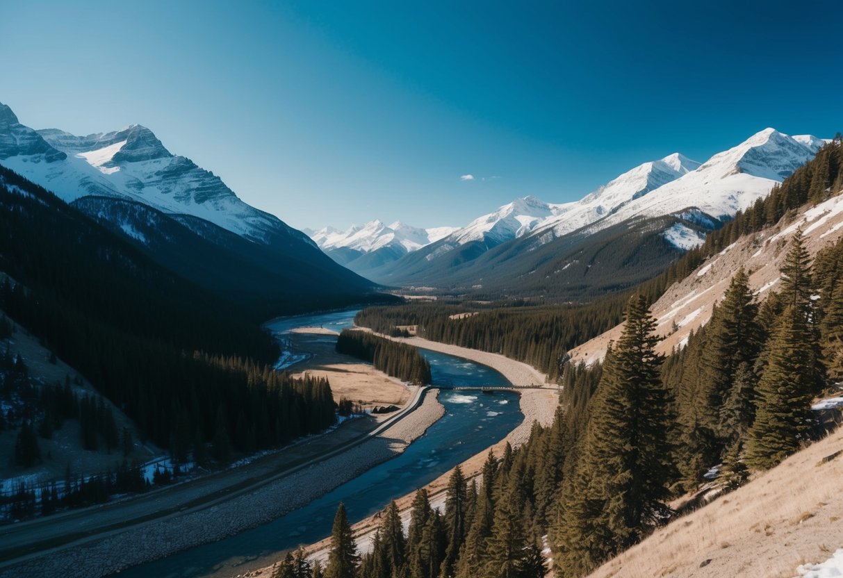 A mountain landscape with a clear blue sky and a river flowing through the valley, surrounded by pine trees and snow-capped peaks