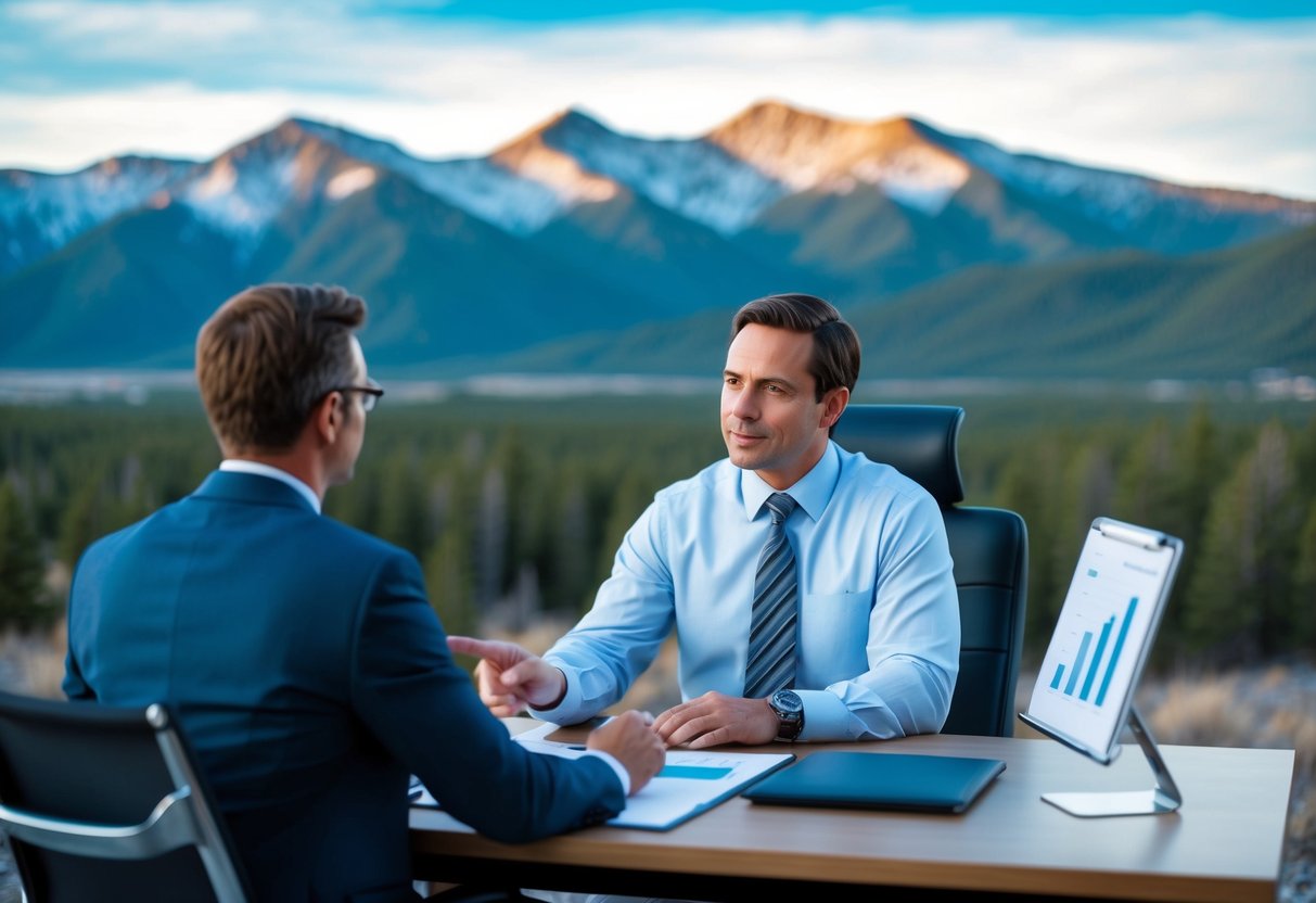 A Colorado mountain landscape with a financial advisor sitting at a desk, consulting with a client and pointing to a graph