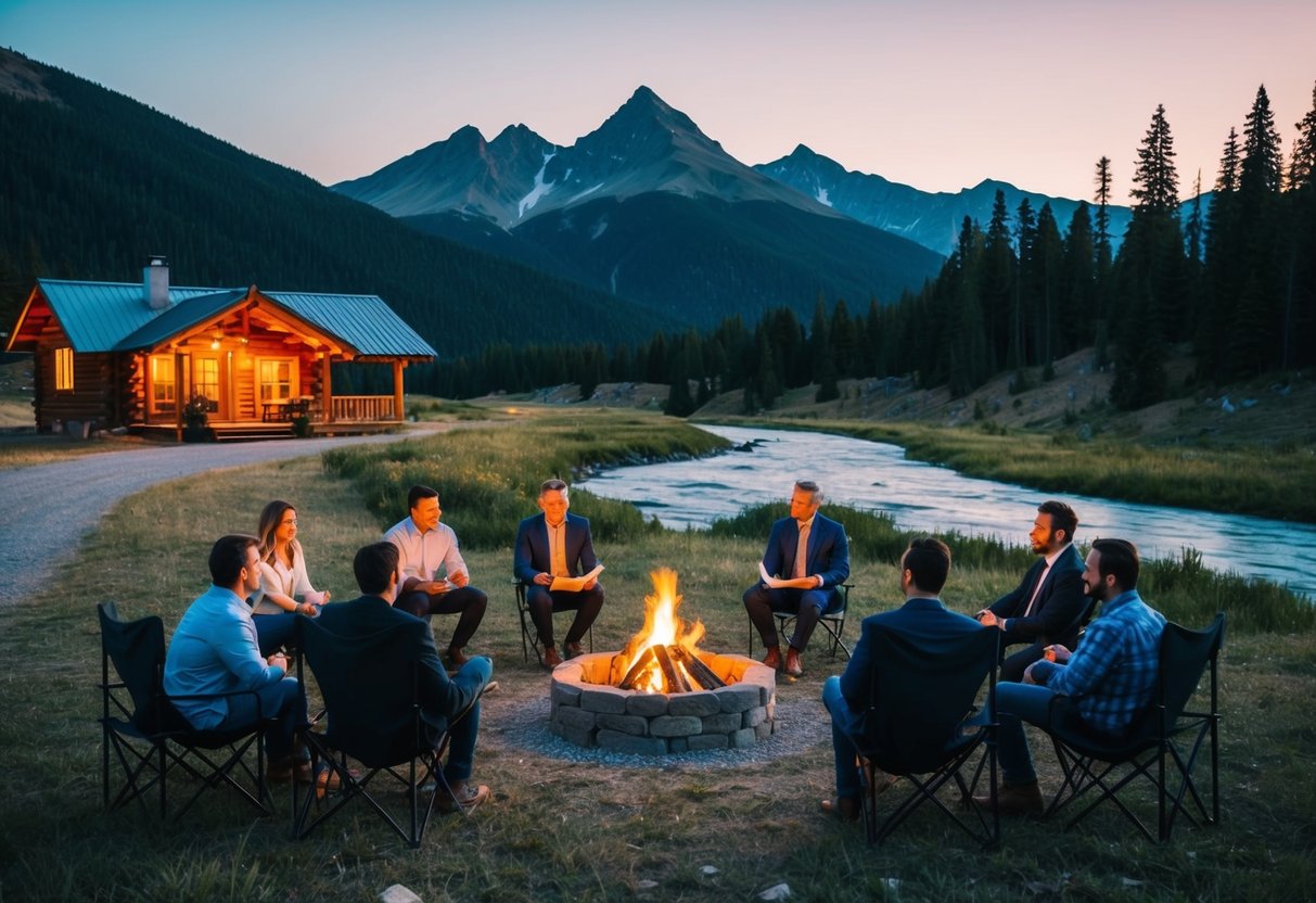 A serene mountain landscape with a cozy cabin, a winding river, and a group of people discussing finances around a campfire