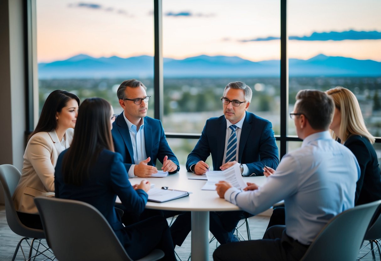 A group of people sitting around a table, discussing financial matters with a Colorado landscape visible through the window behind them