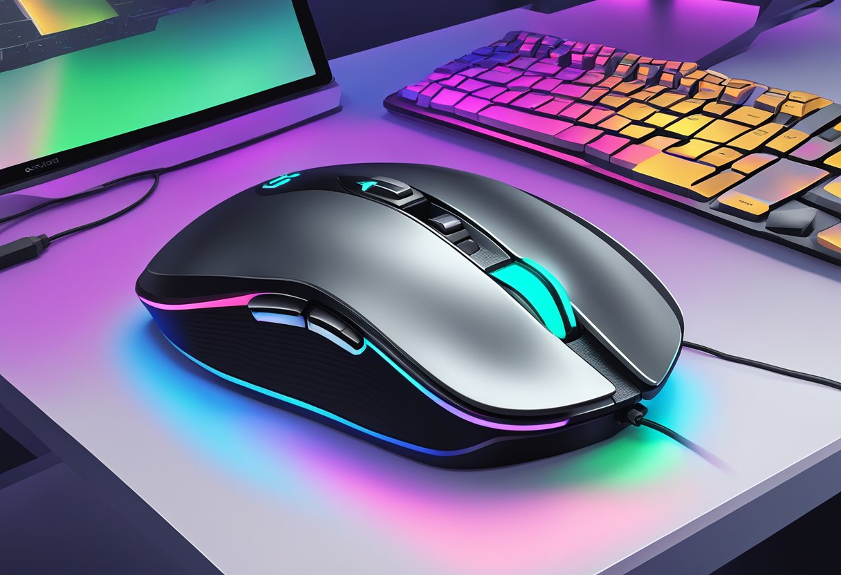 A Logitech gaming mouse illuminated by colorful LED lights on a sleek, futuristic desk