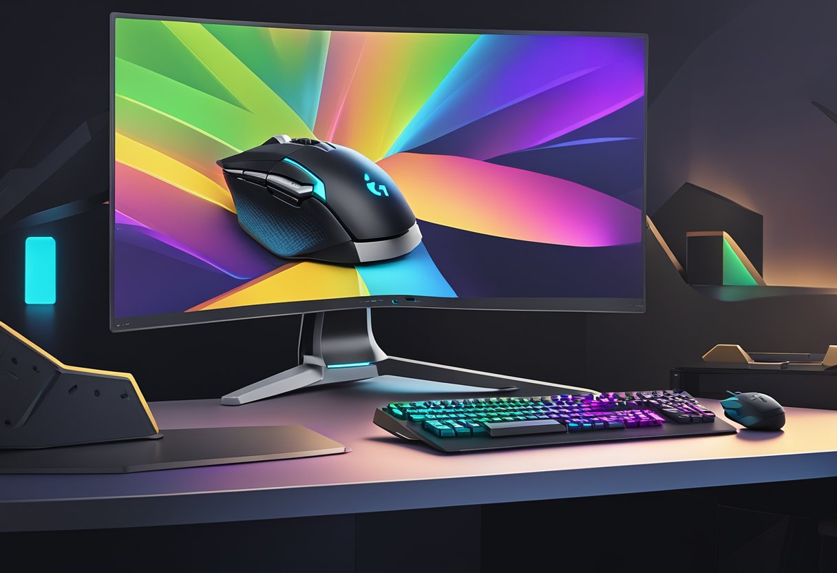 A Logitech G502 HERO gaming mouse on a sleek, black desk with RGB lighting and a computer monitor in the background