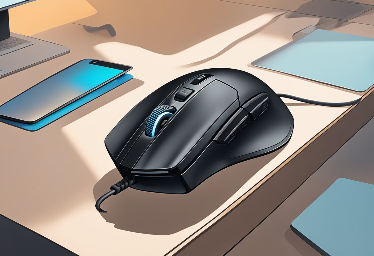 A sleek, black Logitech G305 LIGHTSPEED gaming mouse on a clean, modern desk