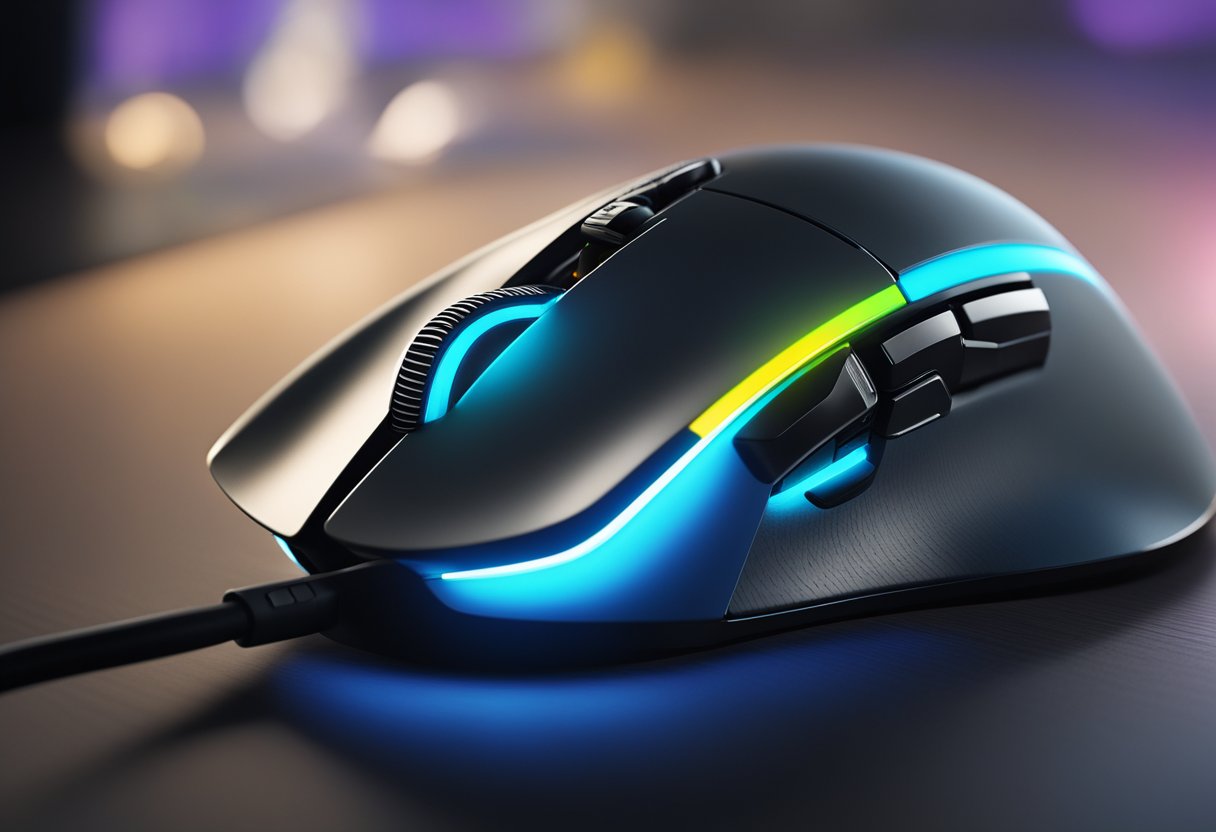 A Logitech G203 LIGHTSYNC gaming mouse illuminated in a dark room, with the light reflecting off the surface of a sleek, modern desk