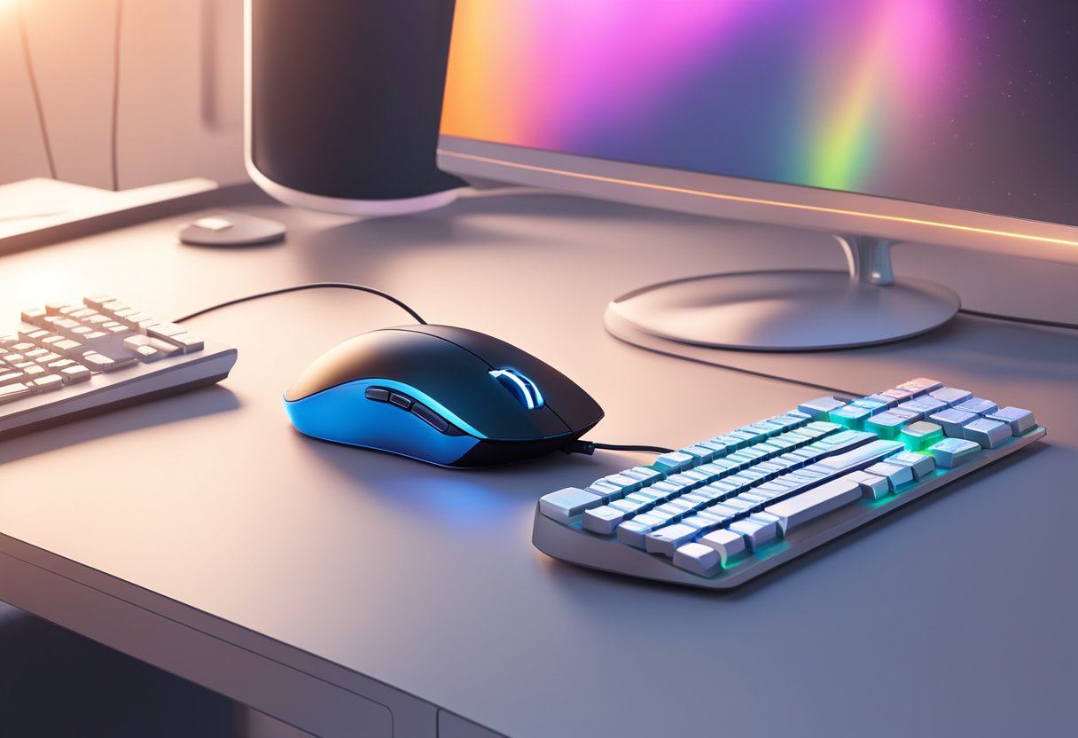 A sleek, modern gaming mouse sits on a clean, minimalist desk, surrounded by a keyboard and monitor. The mouse is illuminated by the soft glow of the computer screen