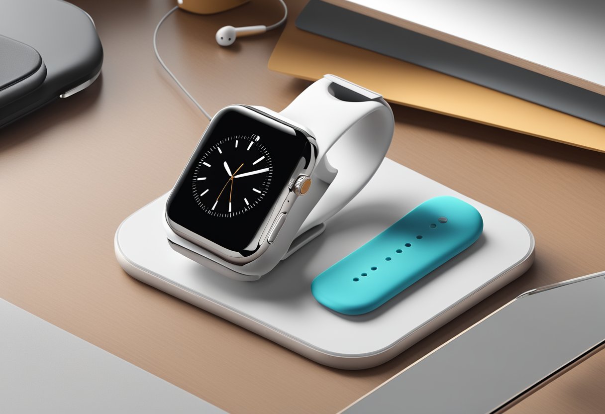 An Apple Watch 10 sitting on a sleek, modern desk next to a pair of wireless earbuds and a charging cable