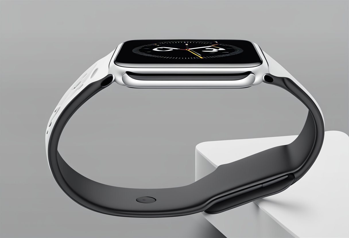 A sleek Apple Watch 10 displayed with technical specifications and battery life shown on the screen