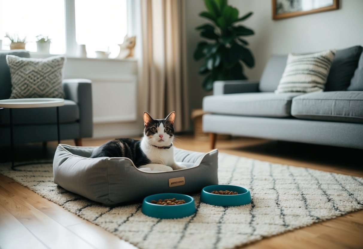 Ein gemütliches, aufgeräumtes Wohnzimmer mit einem Haustierbett, Futter- und Wassernäpfen sowie ein paar einfachen Spielzeugen für eine zufriedene Katze oder einen zufriedenen Hund.