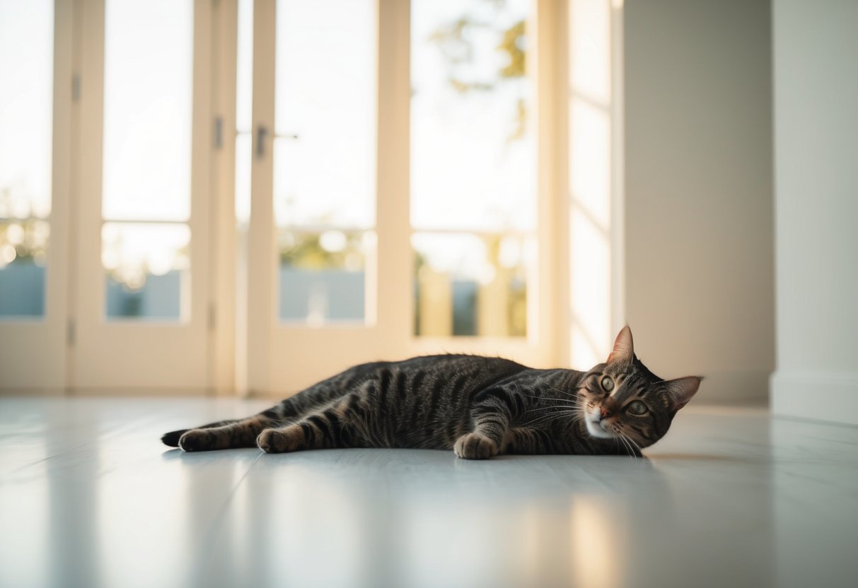 Ein ruhiger Raum mit klaren Linien und einer einzelnen Katze, die sich im Sonnenlicht räkelt.