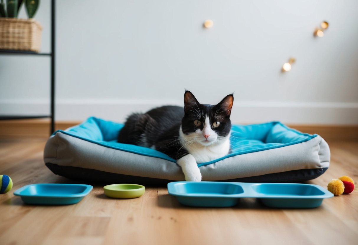 Ein aufgeräumter Raum mit einem eleganten Katzenbett, Futter- und Wassernäpfen sowie ein paar einfachen Katzenspielzeugen.