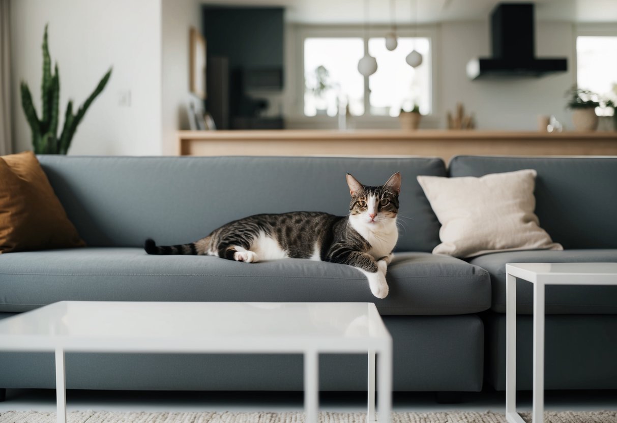 Ein gemütliches Wohnzimmer mit einem eleganten, aufgeräumten Design. Eine Katze faulenzt auf einem einfachen, modernen Möbelstück.