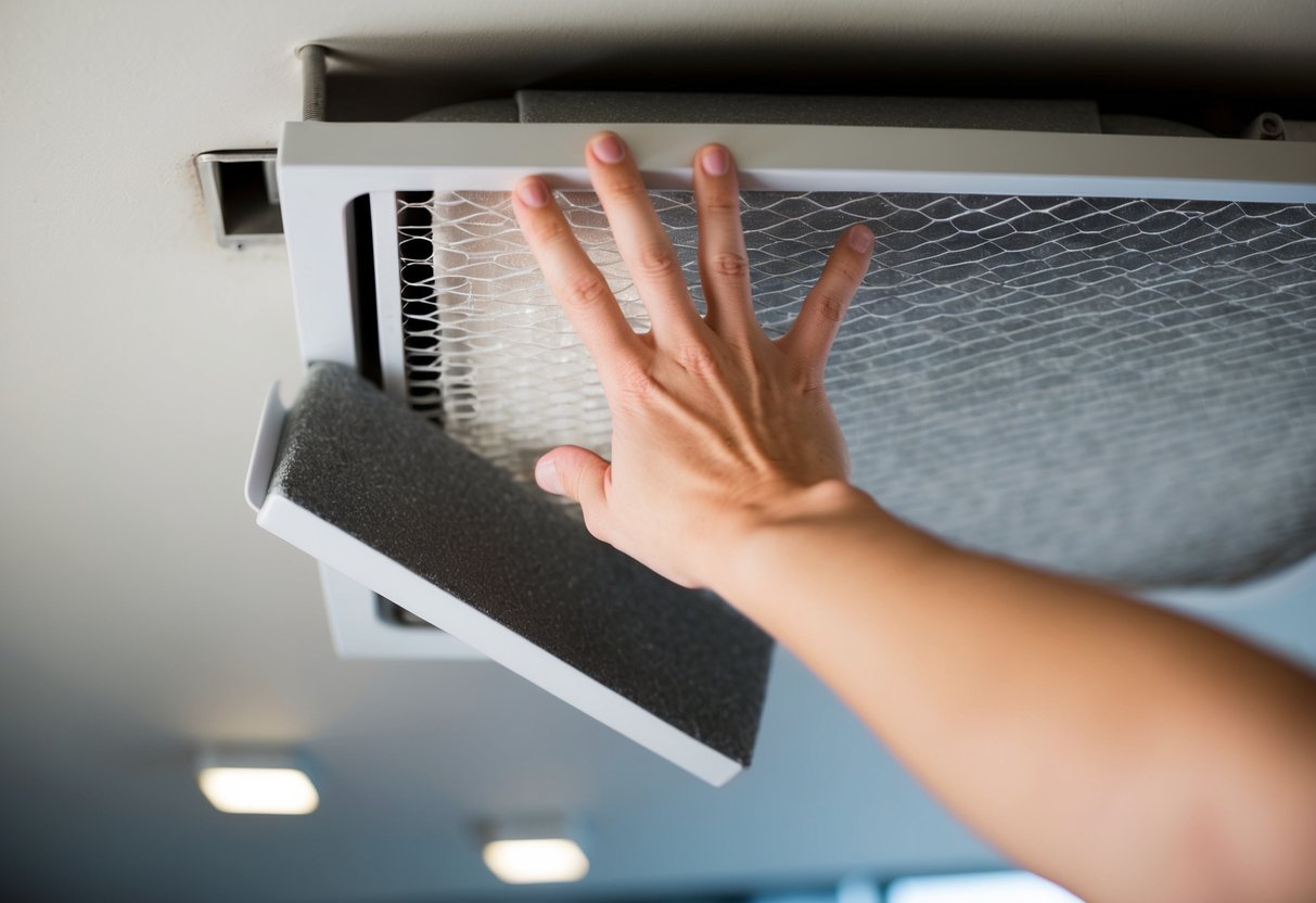 A hand reaching up to remove a dirty air filter from a ventilation system, with a clean replacement filter nearby