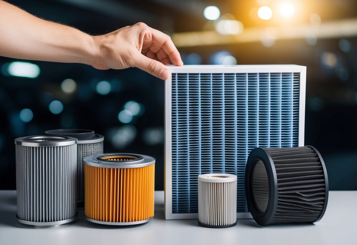 A hand reaching for a clean air filter among a variety of different filters, with a dirty filter next to it