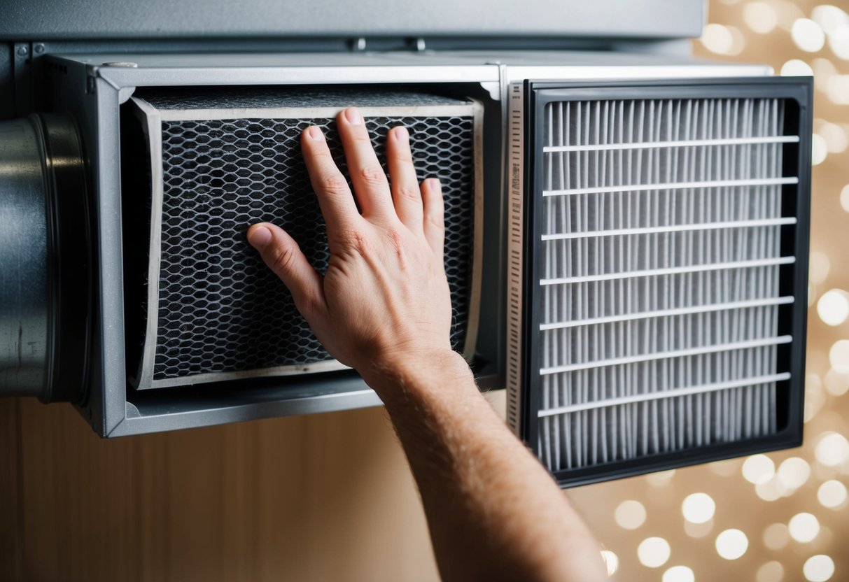 A hand reaching up to remove a dirty air filter from a ventilation system, with a new clean filter ready to be installed nearby