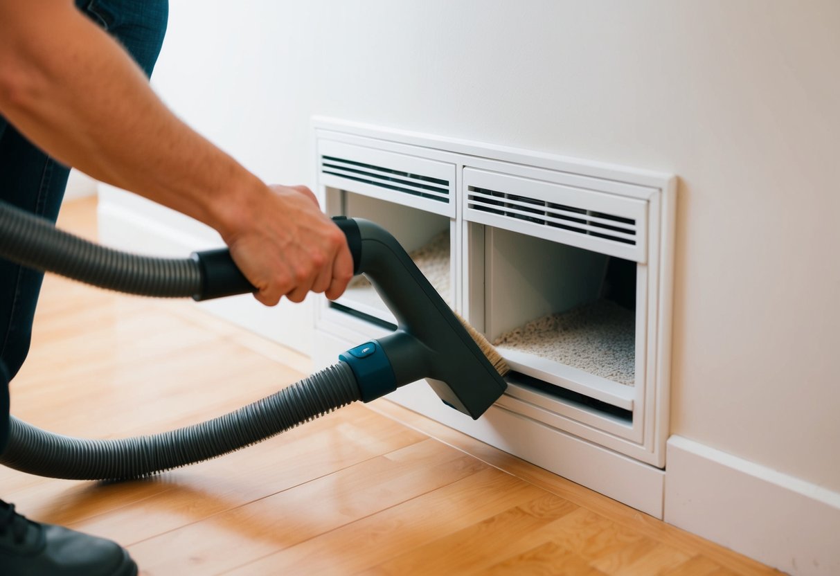 A person using a vacuum and brush to clean dust from HVAC registers and vents in a home