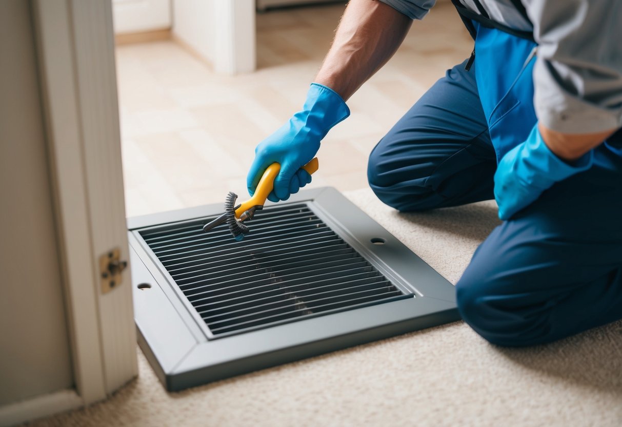 A technician uses specialized tools to clean HVAC registers and vents in a residential home