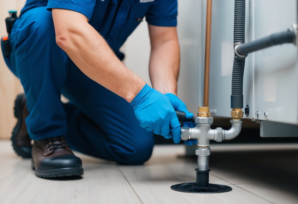 A technician checks and cleans a condensate drain line, removing debris and preventing blockages