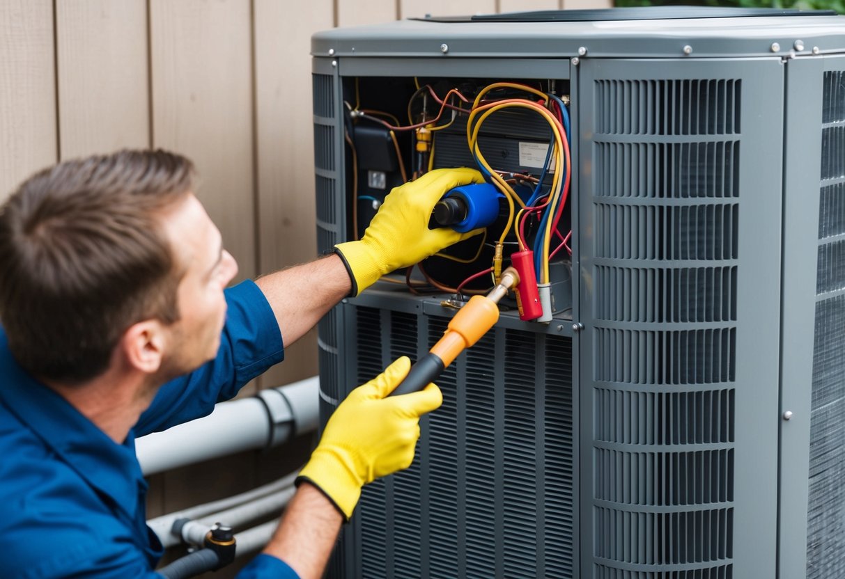 A technician carefully inspects and cleans the evaporator and condenser coils of an air conditioning unit, using specialized tools and equipment to ensure optimal function