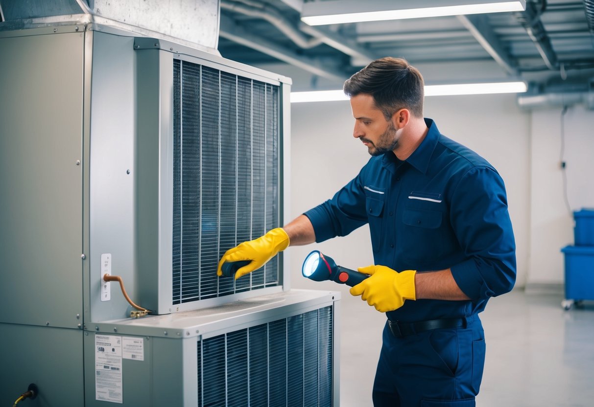 A technician inspecting and cleaning evaporator and condenser coils with a coil cleaning tool and a flashlight in a well-lit and spacious mechanical room