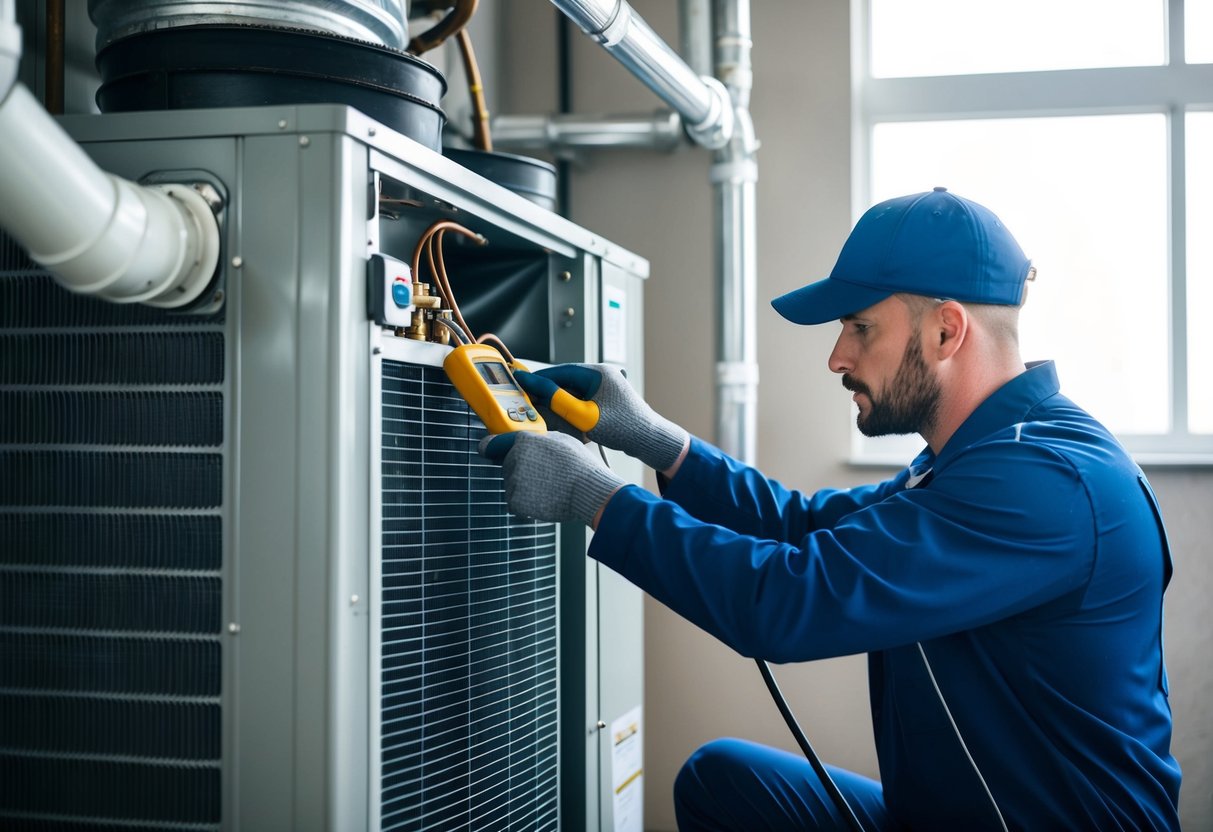 A technician inspects and cleans evaporator and condenser coils using specialized tools and equipment in a well-lit mechanical room