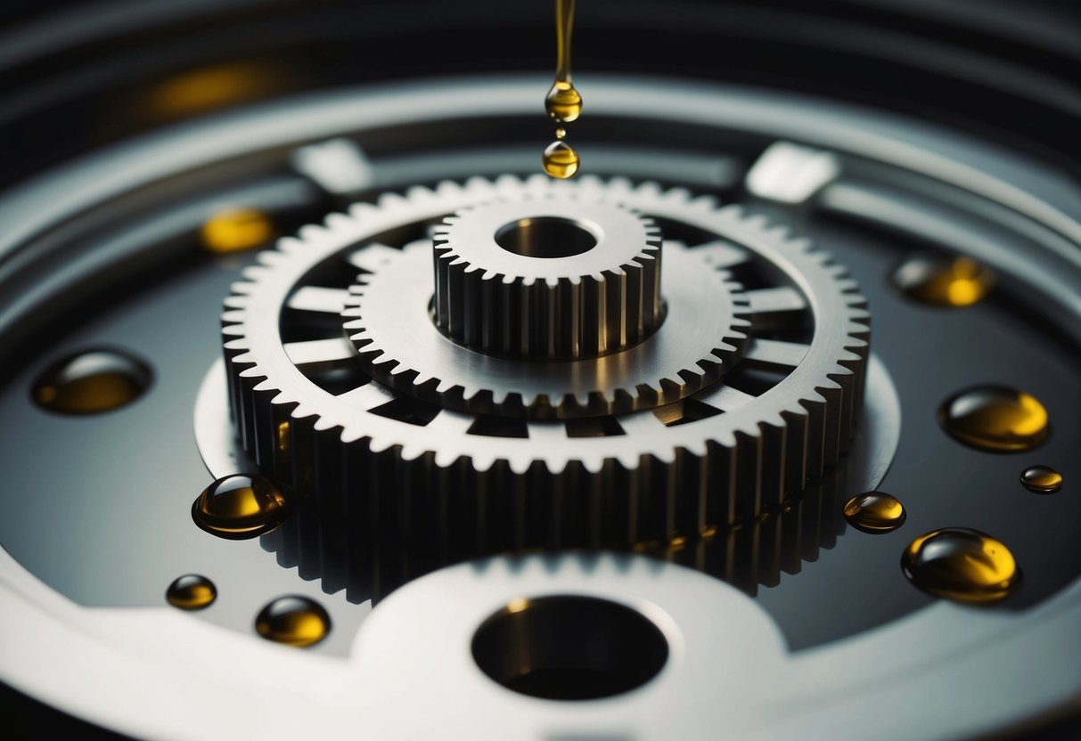 Gears turning smoothly with oil droplets