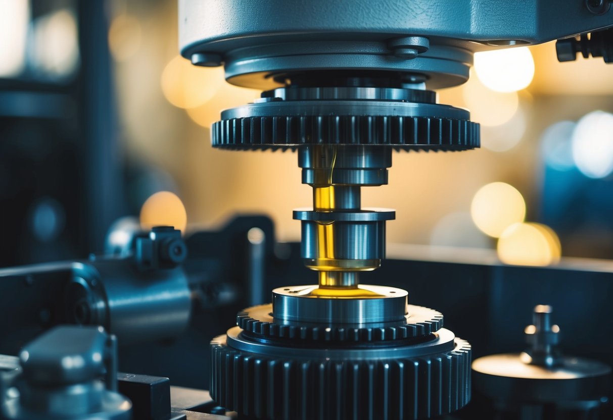 A machine with gears and pistons being oiled by a mechanical arm