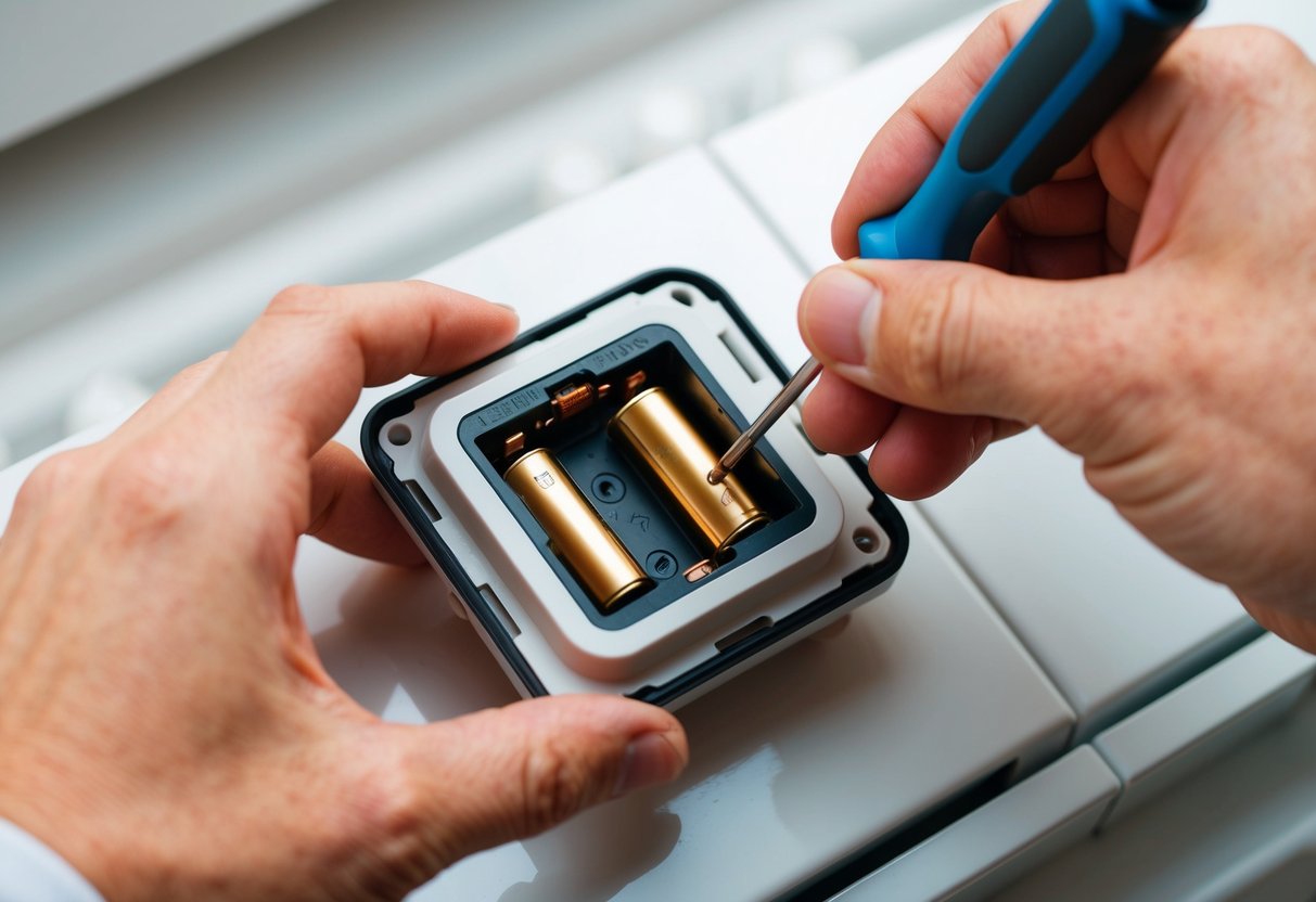 A hand holding a screwdriver removes the back panel of a thermostat, revealing the old batteries inside. New batteries are inserted, and the panel is replaced